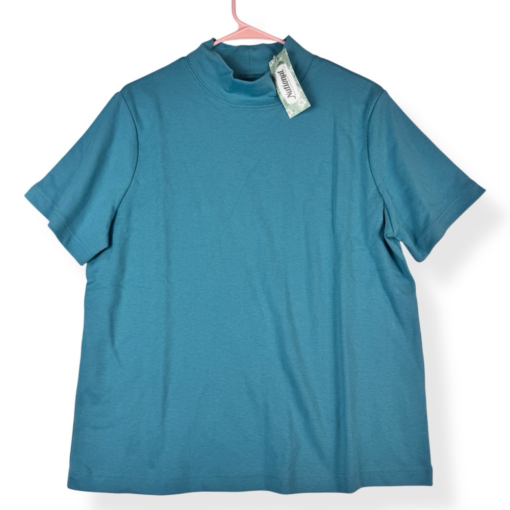 National Since‎ 1952 Ultra Softs Mock Neck Top Womens L Large Teal Short Sleeve